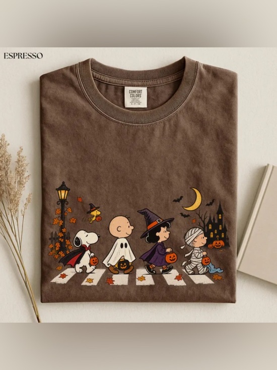 Comfort Colors Tops - Peanut Halloween Abbey Road Tee, Snoopy Charlie Brown Trick or Treat T-Shirt